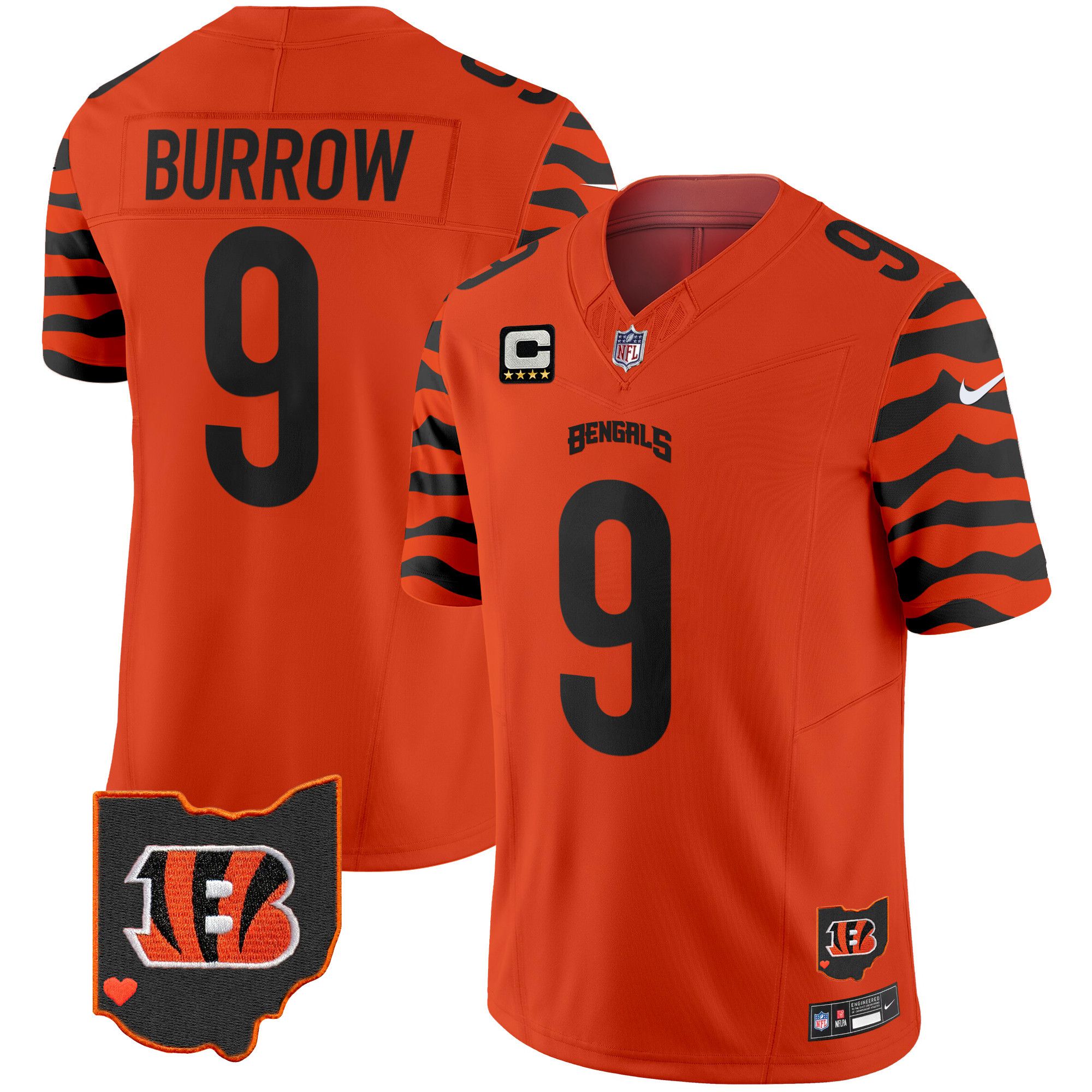 Men Cincinnati Bengals #9 Burrow Orange 2024 Nike Stripes Vapor Limited NFL Jersey
